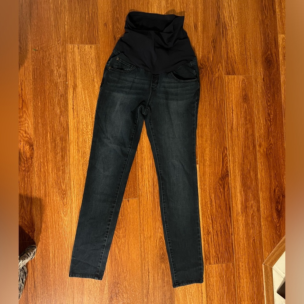 Maternity skinny jeans dark blue denim stretch over bump size 27 like new